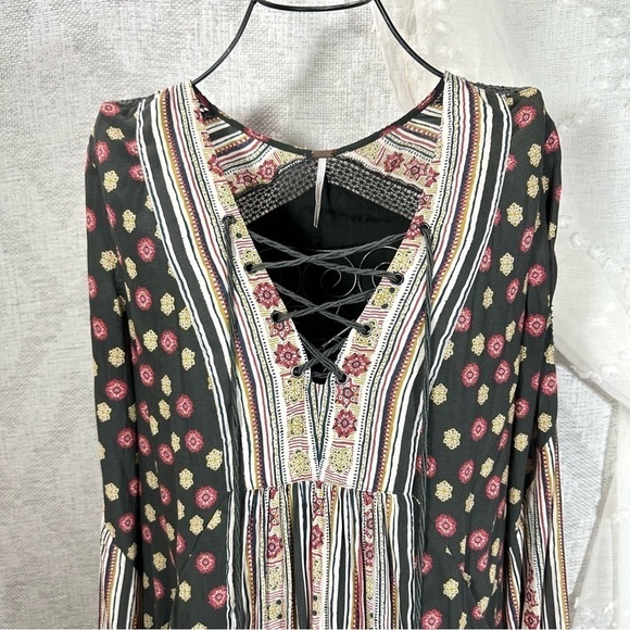 Free People Pebble Rain balloon sleeve printed mini boho dress size XS - Picture 4 of 13